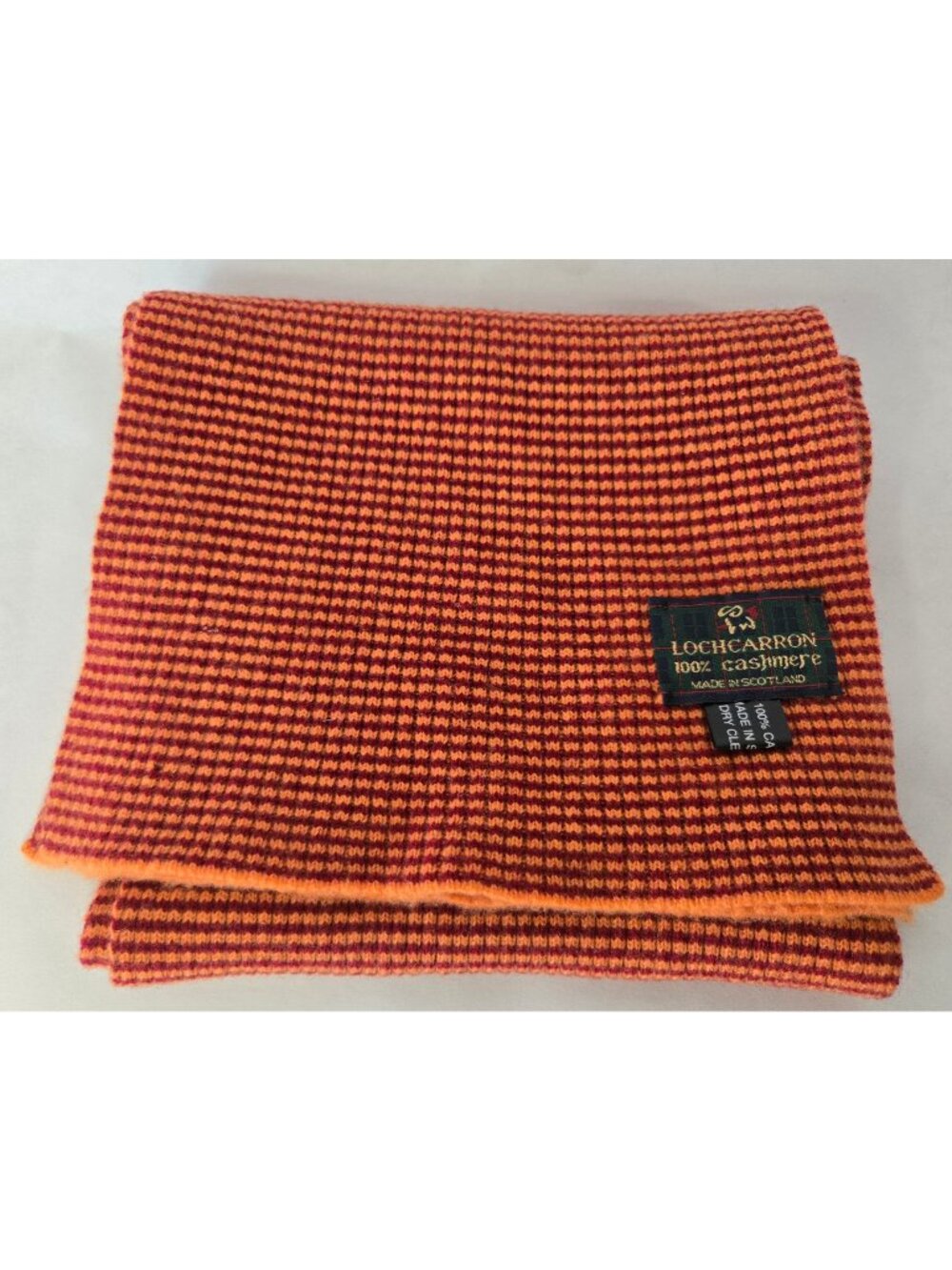 Locharron 100% Cashmere Orange And Red Striped Ribbed Scarf Made In Scotland